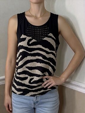 🩷 5 for $20! CAbi Black and Cream Zebra-Print Tank